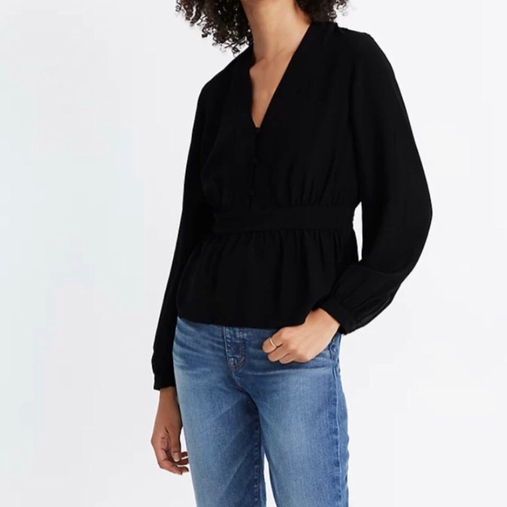NEW Madewell Black Silk V-Neck Peplum Top Size XS